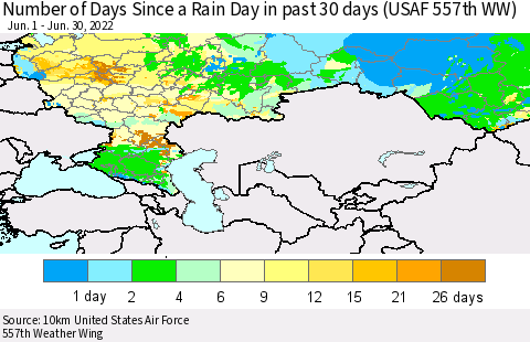 Russian Federation Number of Days Since a Rain Day in past 30 days (USAF 557th WW) Thematic Map For 6/26/2022 - 6/30/2022