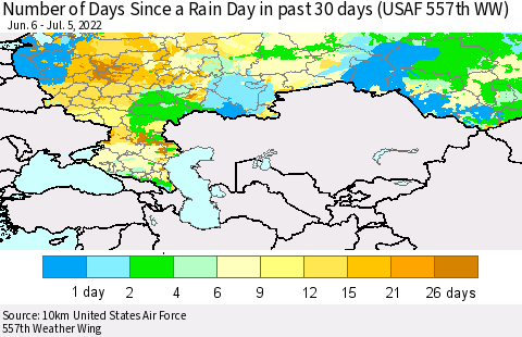 Russian Federation Number of Days Since a Rain Day in past 30 days (USAF 557th WW) Thematic Map For 7/1/2022 - 7/5/2022