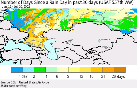 Russian Federation Number of Days Since a Rain Day in past 30 days (USAF 557th WW) Thematic Map For 7/6/2022 - 7/10/2022