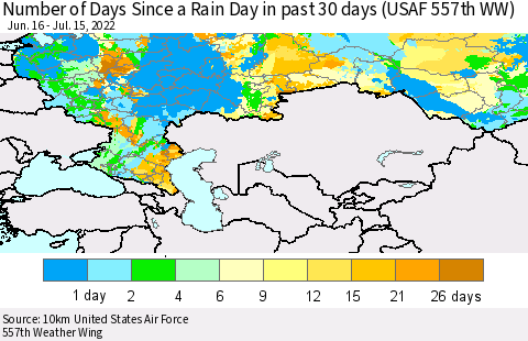 Russian Federation Number of Days Since a Rain Day in past 30 days (USAF 557th WW) Thematic Map For 7/11/2022 - 7/15/2022