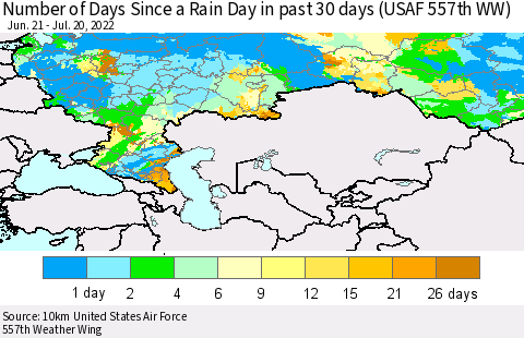 Russian Federation Number of Days Since a Rain Day in past 30 days (USAF 557th WW) Thematic Map For 7/16/2022 - 7/20/2022