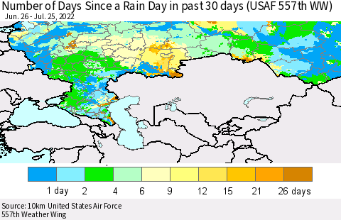 Russian Federation Number of Days Since a Rain Day in past 30 days (USAF 557th WW) Thematic Map For 7/21/2022 - 7/25/2022