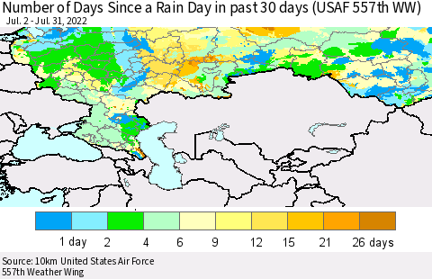 Russian Federation Number of Days Since a Rain Day in past 30 days (USAF 557th WW) Thematic Map For 7/26/2022 - 7/31/2022