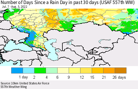 Russian Federation Number of Days Since a Rain Day in past 30 days (USAF 557th WW) Thematic Map For 8/1/2022 - 8/5/2022