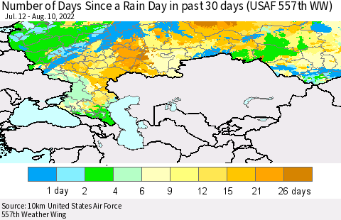 Russian Federation Number of Days Since a Rain Day in past 30 days (USAF 557th WW) Thematic Map For 8/6/2022 - 8/10/2022