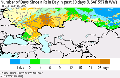 Russian Federation Number of Days Since a Rain Day in past 30 days (USAF 557th WW) Thematic Map For 8/11/2022 - 8/15/2022
