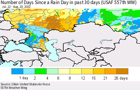 Russian Federation Number of Days Since a Rain Day in past 30 days (USAF 557th WW) Thematic Map For 8/16/2022 - 8/20/2022
