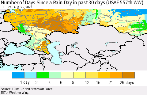 Russian Federation Number of Days Since a Rain Day in past 30 days (USAF 557th WW) Thematic Map For 8/21/2022 - 8/25/2022