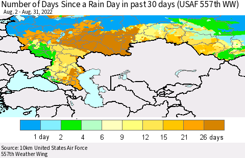 Russian Federation Number of Days Since a Rain Day in past 30 days (USAF 557th WW) Thematic Map For 8/26/2022 - 8/31/2022