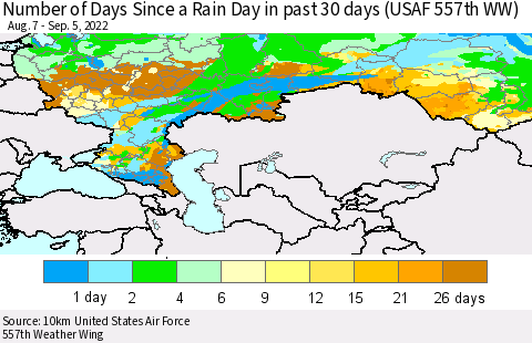 Russian Federation Number of Days Since a Rain Day in past 30 days (USAF 557th WW) Thematic Map For 9/1/2022 - 9/5/2022