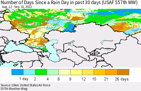 Russian Federation Number of Days Since a Rain Day in past 30 days (USAF 557th WW) Thematic Map For 9/6/2022 - 9/10/2022