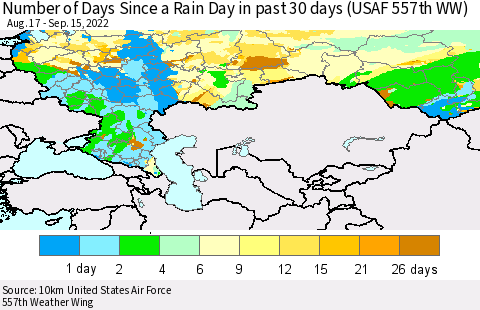 Russian Federation Number of Days Since a Rain Day in past 30 days (USAF 557th WW) Thematic Map For 9/11/2022 - 9/15/2022