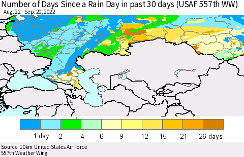 Russian Federation Number of Days Since a Rain Day in past 30 days (USAF 557th WW) Thematic Map For 9/16/2022 - 9/20/2022