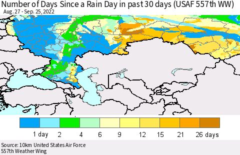 Russian Federation Number of Days Since a Rain Day in past 30 days (USAF 557th WW) Thematic Map For 9/21/2022 - 9/25/2022