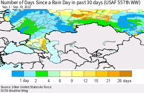 Russian Federation Number of Days Since a Rain Day in past 30 days (USAF 557th WW) Thematic Map For 9/26/2022 - 9/30/2022