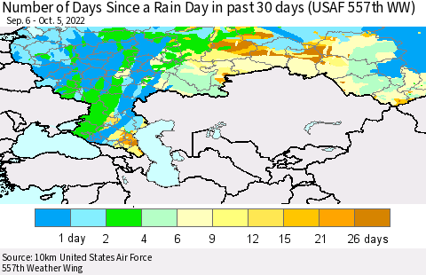 Russian Federation Number of Days Since a Rain Day in past 30 days (USAF 557th WW) Thematic Map For 10/1/2022 - 10/5/2022