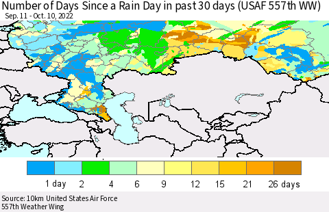 Russian Federation Number of Days Since a Rain Day in past 30 days (USAF 557th WW) Thematic Map For 10/6/2022 - 10/10/2022