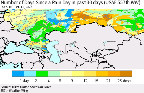 Russian Federation Number of Days Since a Rain Day in past 30 days (USAF 557th WW) Thematic Map For 10/11/2022 - 10/15/2022