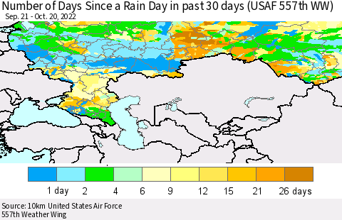 Russian Federation Number of Days Since a Rain Day in past 30 days (USAF 557th WW) Thematic Map For 10/16/2022 - 10/20/2022