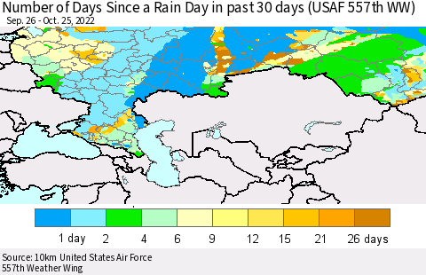 Russian Federation Number of Days Since a Rain Day in past 30 days (USAF 557th WW) Thematic Map For 10/21/2022 - 10/25/2022