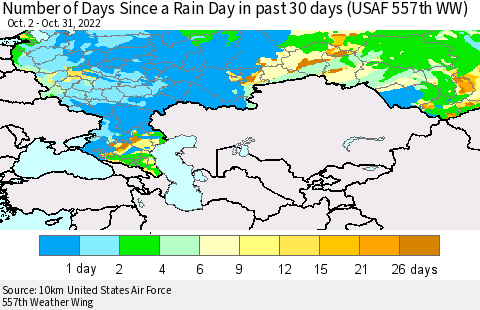 Russian Federation Number of Days Since a Rain Day in past 30 days (USAF 557th WW) Thematic Map For 10/26/2022 - 10/31/2022