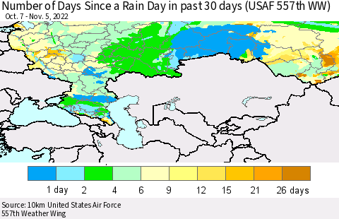 Russian Federation Number of Days Since a Rain Day in past 30 days (USAF 557th WW) Thematic Map For 11/1/2022 - 11/5/2022