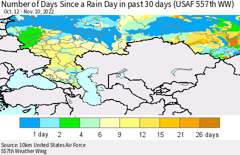 Russian Federation Number of Days Since a Rain Day in past 30 days (USAF 557th WW) Thematic Map For 11/6/2022 - 11/10/2022