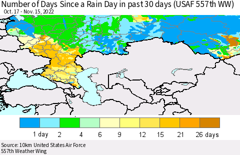 Russian Federation Number of Days Since a Rain Day in past 30 days (USAF 557th WW) Thematic Map For 11/11/2022 - 11/15/2022