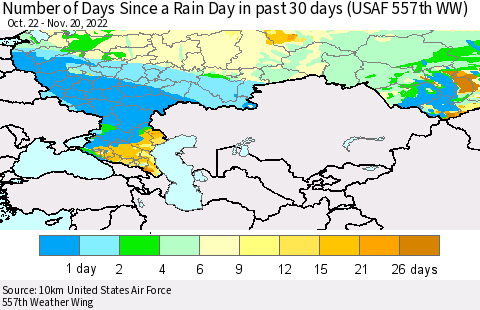 Russian Federation Number of Days Since a Rain Day in past 30 days (USAF 557th WW) Thematic Map For 11/16/2022 - 11/20/2022