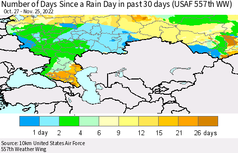 Russian Federation Number of Days Since a Rain Day in past 30 days (USAF 557th WW) Thematic Map For 11/21/2022 - 11/25/2022