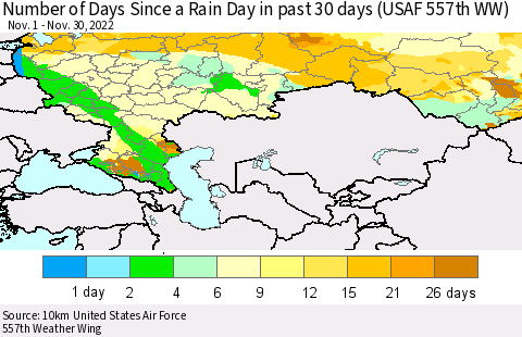 Russian Federation Number of Days Since a Rain Day in past 30 days (USAF 557th WW) Thematic Map For 11/26/2022 - 11/30/2022