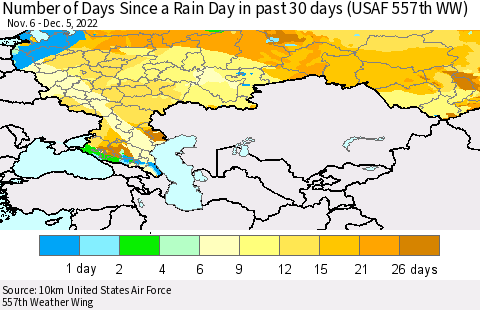 Russian Federation Number of Days Since a Rain Day in past 30 days (USAF 557th WW) Thematic Map For 12/1/2022 - 12/5/2022