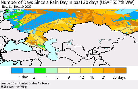 Russian Federation Number of Days Since a Rain Day in past 30 days (USAF 557th WW) Thematic Map For 12/6/2022 - 12/10/2022