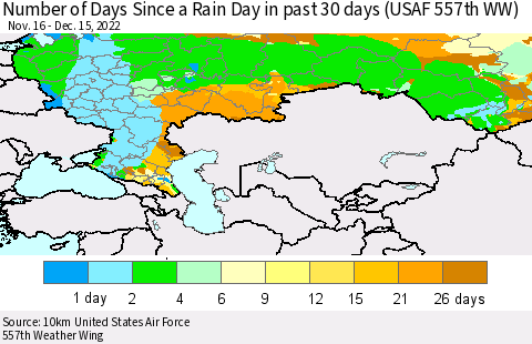 Russian Federation Number of Days Since a Rain Day in past 30 days (USAF 557th WW) Thematic Map For 12/11/2022 - 12/15/2022
