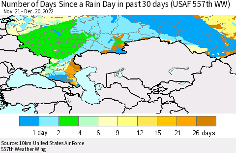 Russian Federation Number of Days Since a Rain Day in past 30 days (USAF 557th WW) Thematic Map For 12/16/2022 - 12/20/2022