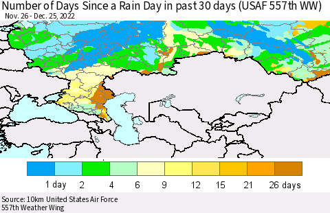 Russian Federation Number of Days Since a Rain Day in past 30 days (USAF 557th WW) Thematic Map For 12/21/2022 - 12/25/2022
