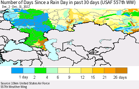 Russian Federation Number of Days Since a Rain Day in past 30 days (USAF 557th WW) Thematic Map For 12/26/2022 - 12/31/2022
