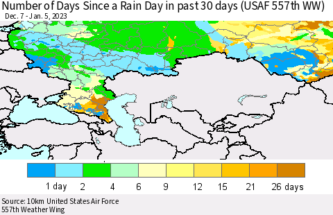 Russian Federation Number of Days Since a Rain Day in past 30 days (USAF 557th WW) Thematic Map For 1/1/2023 - 1/5/2023