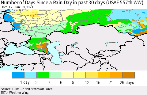 Russian Federation Number of Days Since a Rain Day in past 30 days (USAF 557th WW) Thematic Map For 1/6/2023 - 1/10/2023
