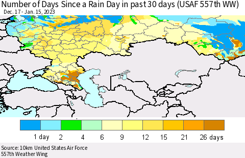 Russian Federation Number of Days Since a Rain Day in past 30 days (USAF 557th WW) Thematic Map For 1/11/2023 - 1/15/2023