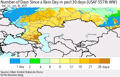 Russian Federation Number of Days Since a Rain Day in past 30 days (USAF 557th WW) Thematic Map For 1/16/2023 - 1/20/2023