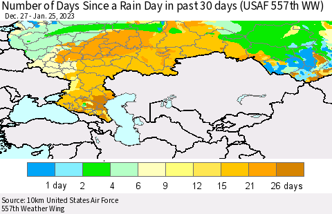 Russian Federation Number of Days Since a Rain Day in past 30 days (USAF 557th WW) Thematic Map For 1/21/2023 - 1/25/2023