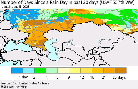 Russian Federation Number of Days Since a Rain Day in past 30 days (USAF 557th WW) Thematic Map For 1/26/2023 - 1/31/2023