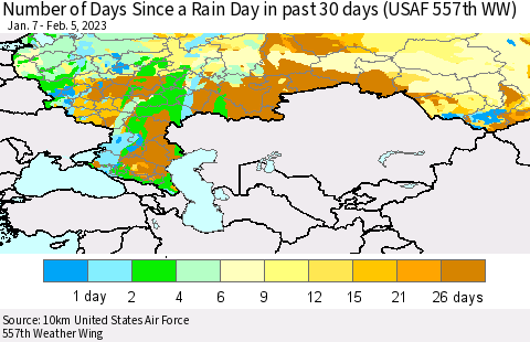 Russian Federation Number of Days Since a Rain Day in past 30 days (USAF 557th WW) Thematic Map For 2/1/2023 - 2/5/2023