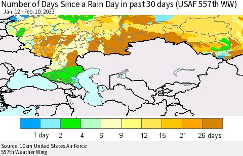 Russian Federation Number of Days Since a Rain Day in past 30 days (USAF 557th WW) Thematic Map For 2/6/2023 - 2/10/2023