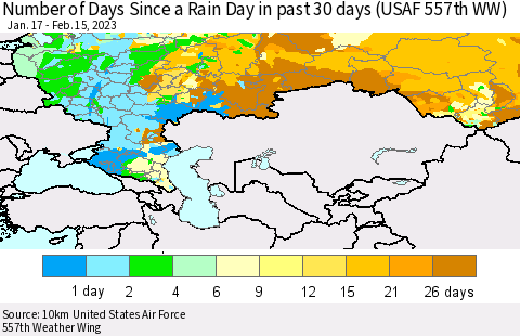 Russian Federation Number of Days Since a Rain Day in past 30 days (USAF 557th WW) Thematic Map For 2/11/2023 - 2/15/2023