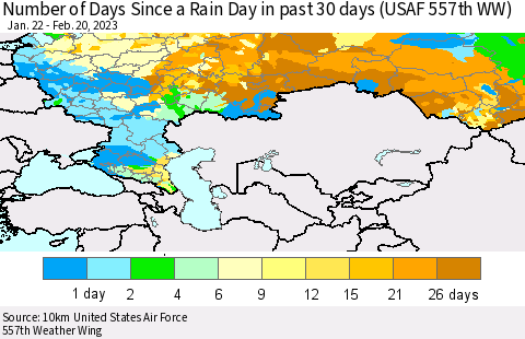 Russian Federation Number of Days Since a Rain Day in past 30 days (USAF 557th WW) Thematic Map For 2/16/2023 - 2/20/2023