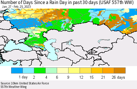 Russian Federation Number of Days Since a Rain Day in past 30 days (USAF 557th WW) Thematic Map For 2/21/2023 - 2/25/2023