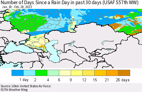 Russian Federation Number of Days Since a Rain Day in past 30 days (USAF 557th WW) Thematic Map For 2/26/2023 - 2/28/2023