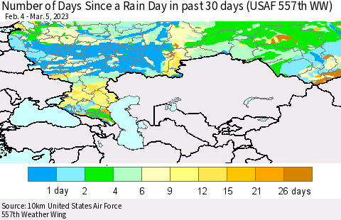 Russian Federation Number of Days Since a Rain Day in past 30 days (USAF 557th WW) Thematic Map For 3/1/2023 - 3/5/2023